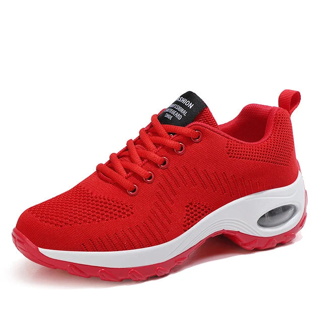 Men's air cushion trainers in red with breathable knit mesh upper and white midsole