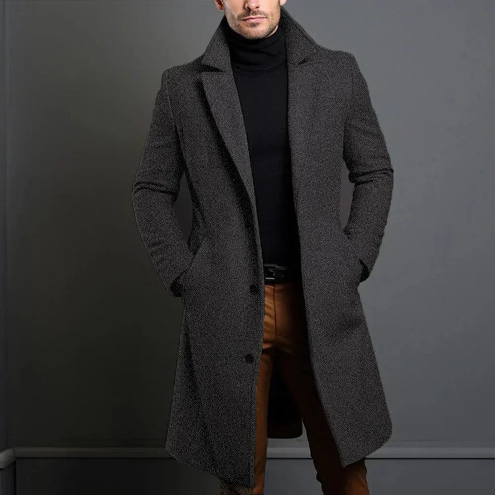 Men's long overcoat in camel showing button-front closure and notched lapel construction