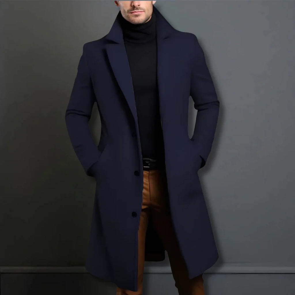 Detail shot of men's overcoat collar and lapel with smooth fabric finish
