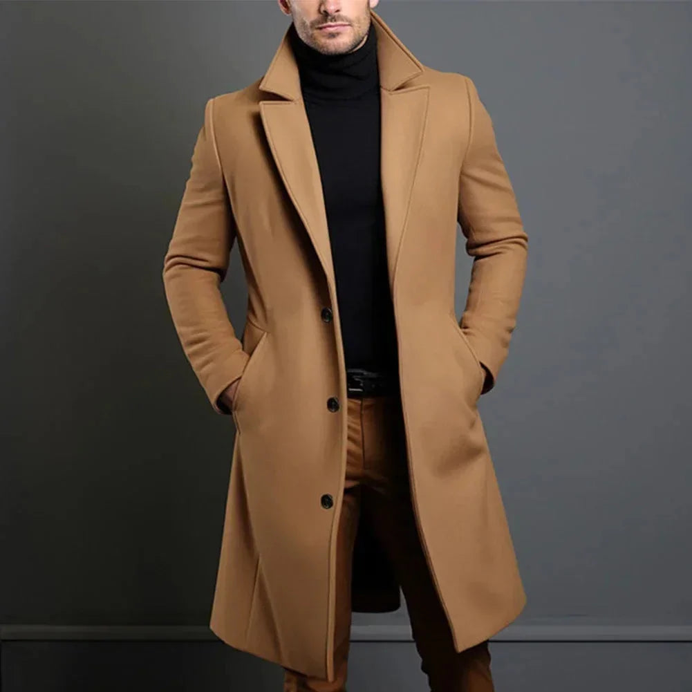 Back view of men's long overcoat displaying structured shoulder line and drape