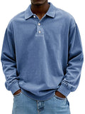 Men's long sleeve polo shirt in blue with classic collar and button placket detail