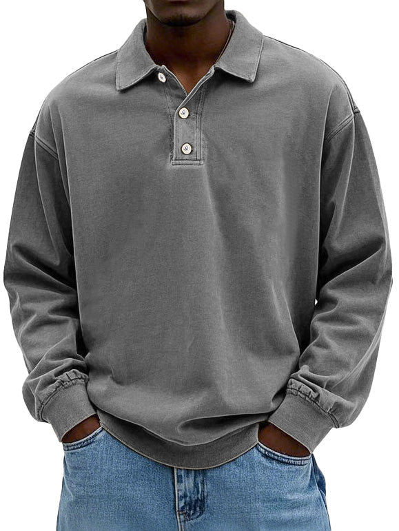 Front view of men's relaxed fit polo shirt with three-button placket and ribbed cuffs