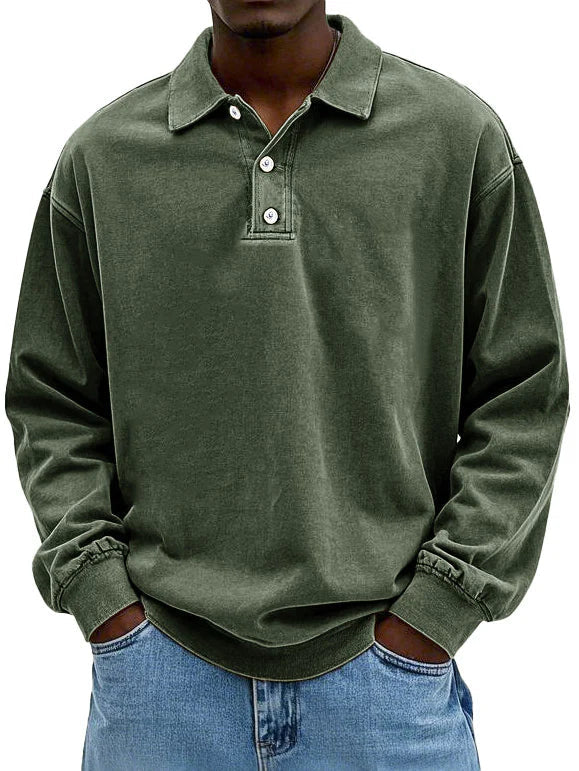 Back view of men's relaxed polo shirt showing comfortable drape and fit