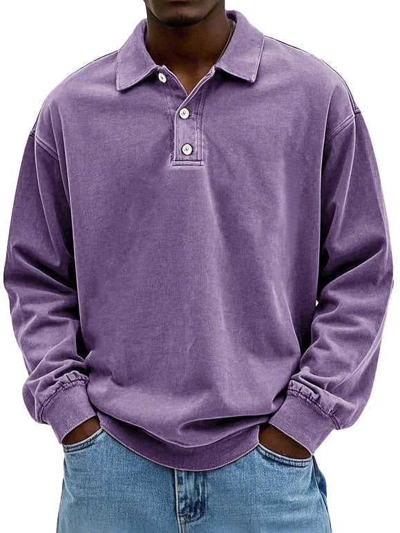 Men's long sleeve polo in casual setting demonstrating versatile styling options