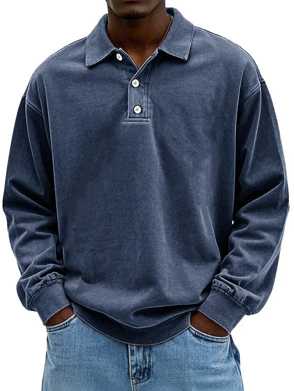 Full length view of men's polo shirt with relaxed fit and classic collar