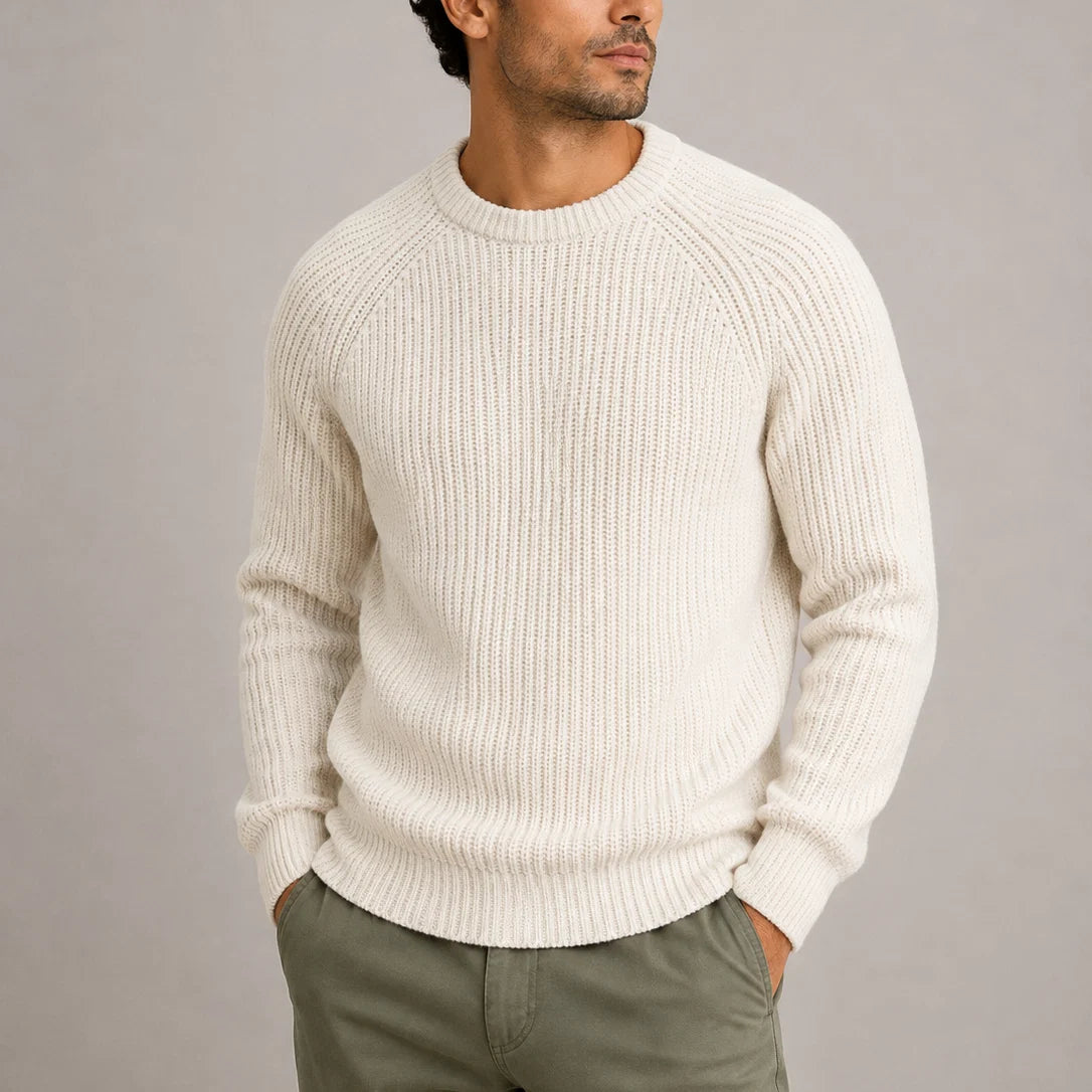 Close-up view of men's heavyweight fisherman rib knit jumper showing textured ribbed construction