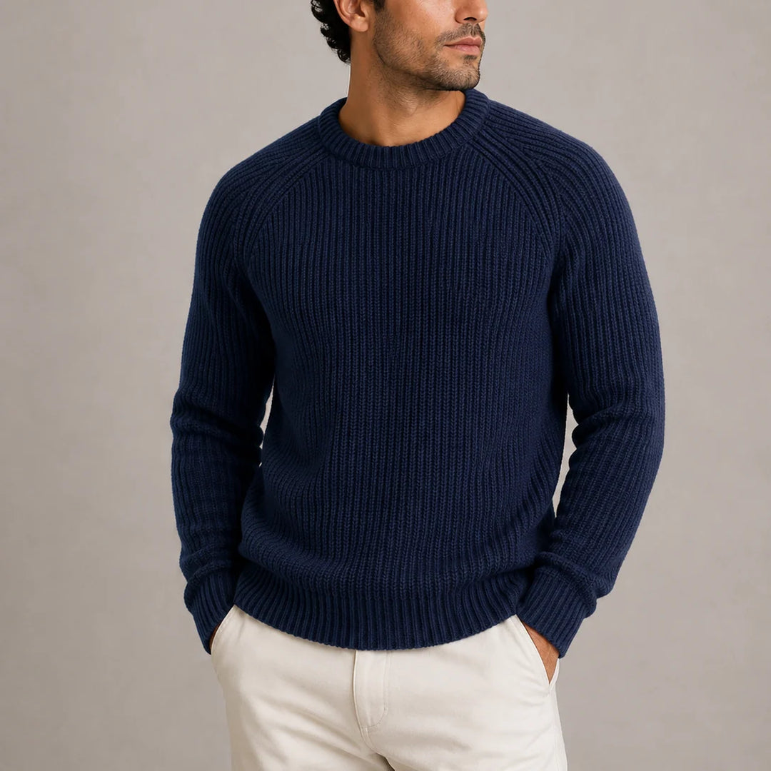 Side profile of men's grey ribbed jumper displaying raglan shoulder detail and regular fit
