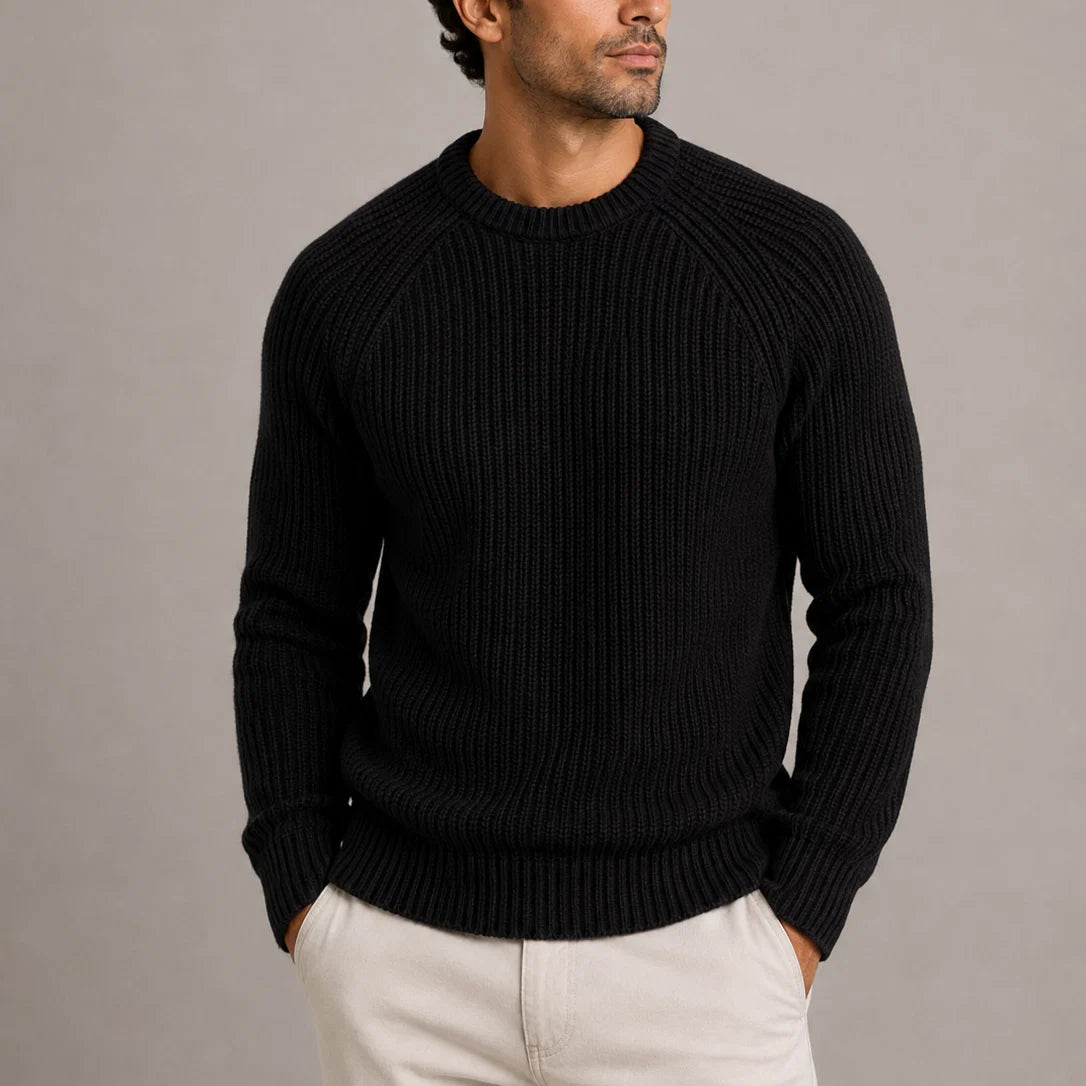 Men's crew neck jumper in grey with ribbed knit texture and long sleeves