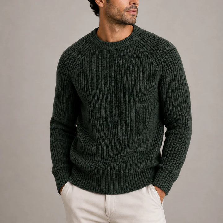 Full view of men's fisherman rib jumper showing heavyweight knit construction and classic silhouette
