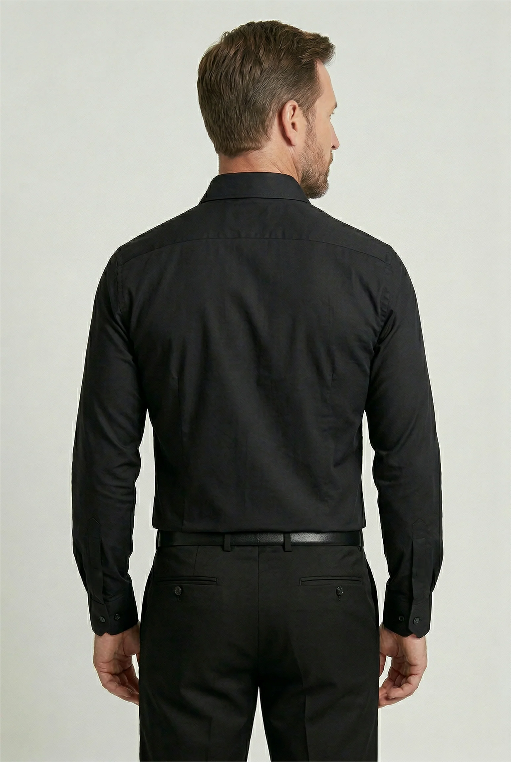 Close-up of men's wrinkle-free shirt showing smooth fabric texture and tailored fit
