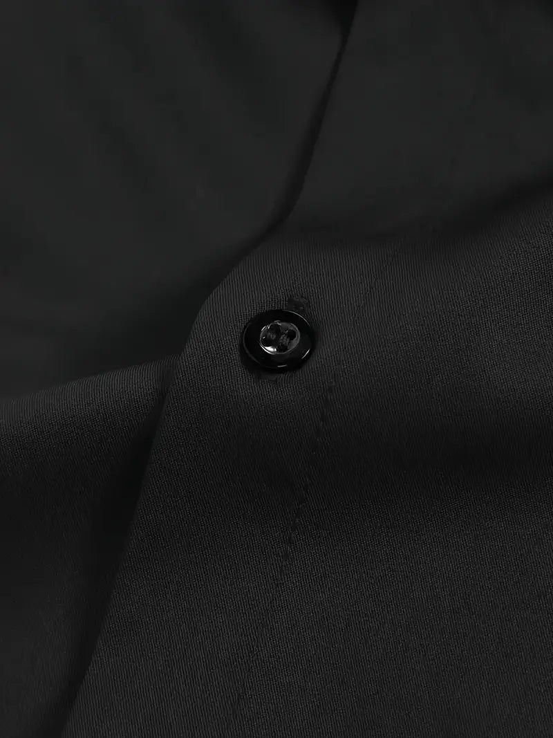 Detail of men's shirt collar and button-front closure in crease-resistant fabric