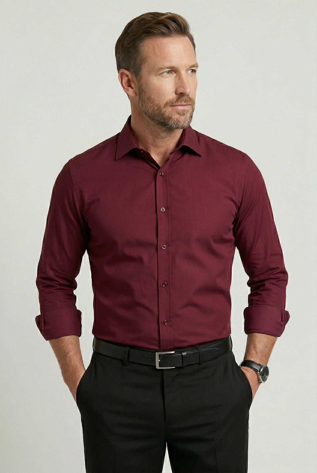 Full-length view of men's slim fit shirt paired with formal trousers