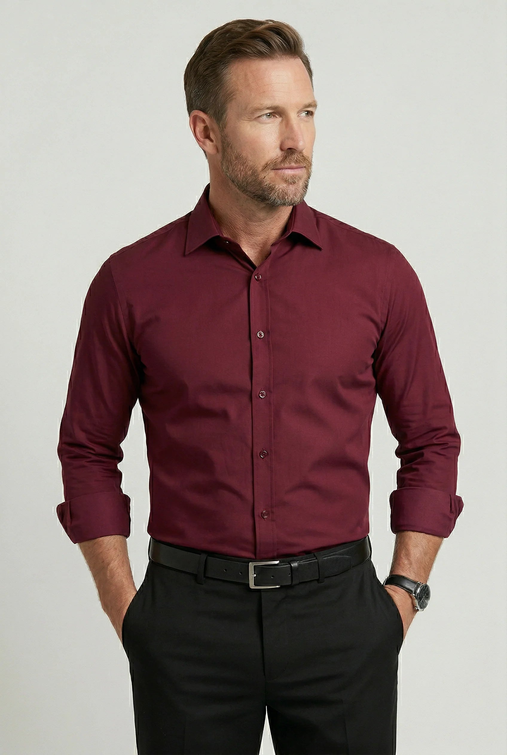 Full-length view of men's slim fit shirt paired with formal trousers
