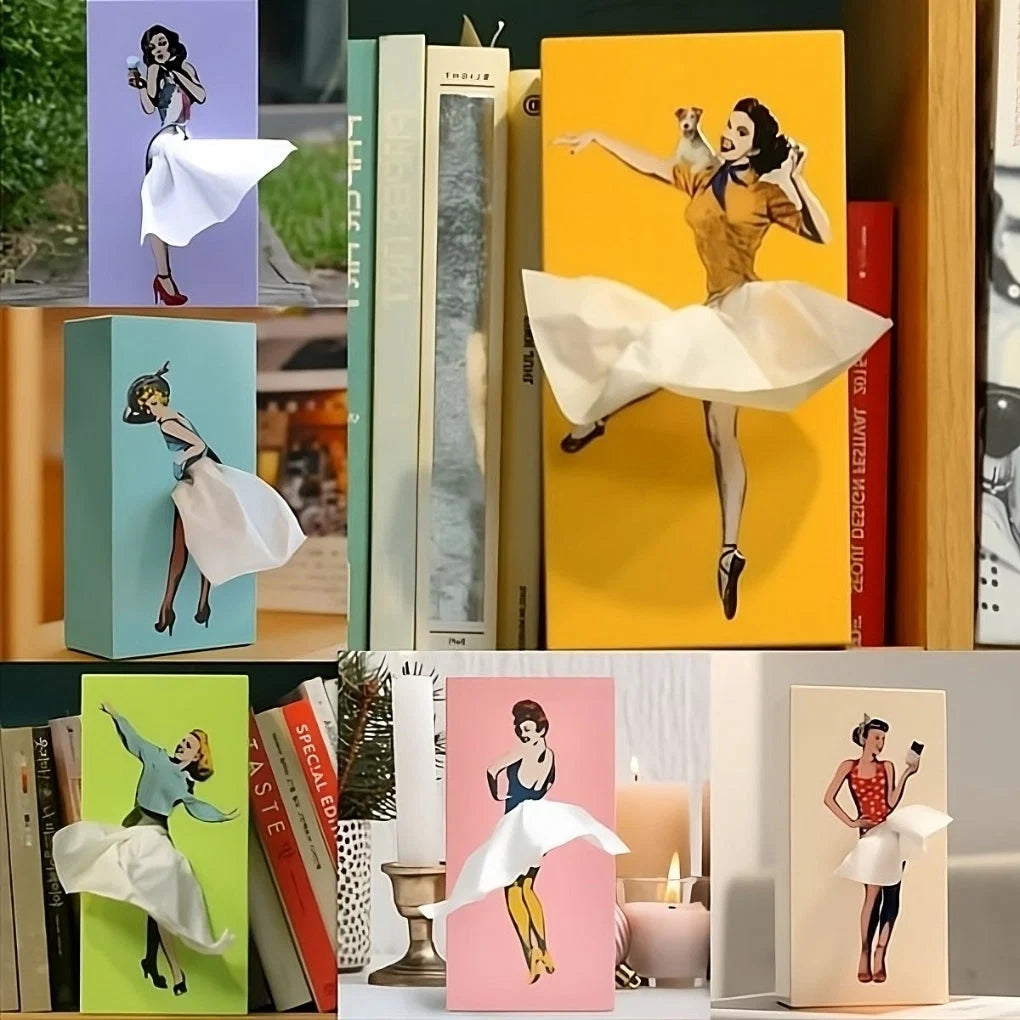 Retro tissue box holder with vintage pop-art illustration and animated white skirt on bookshelf