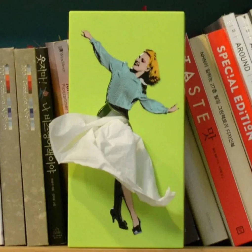 Close-up of vintage pop-art tissue holder with animated skirt effect in multiple colour options