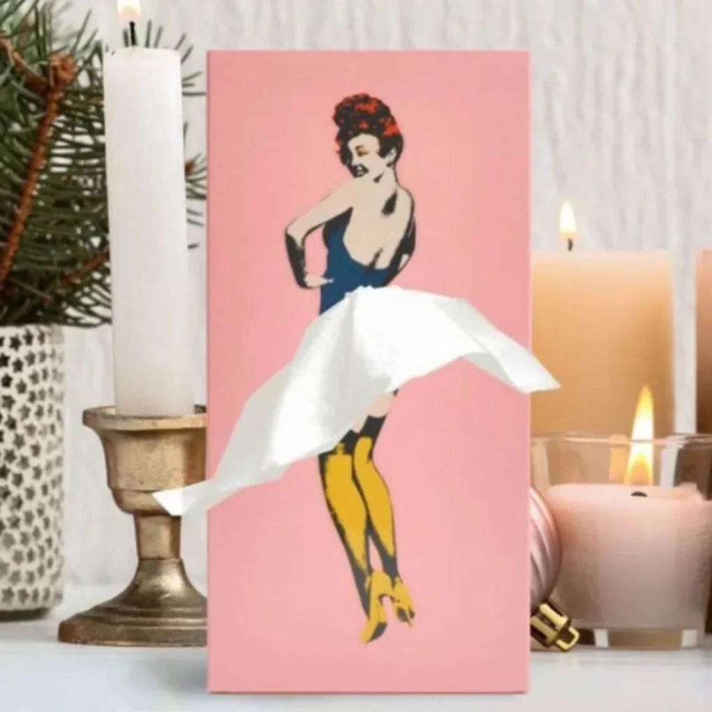 Green and pink retro tissue box holders displaying mid-century pop-art illustrations with dimensional skirts