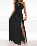Halter neck maxi dress in black with asymmetric neckline, wrapped bodice, and thigh-high slit for formal occasions
