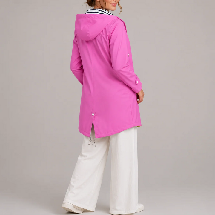 Close-up of adjustable drawstring hood and zip-front closure on women's raincoat