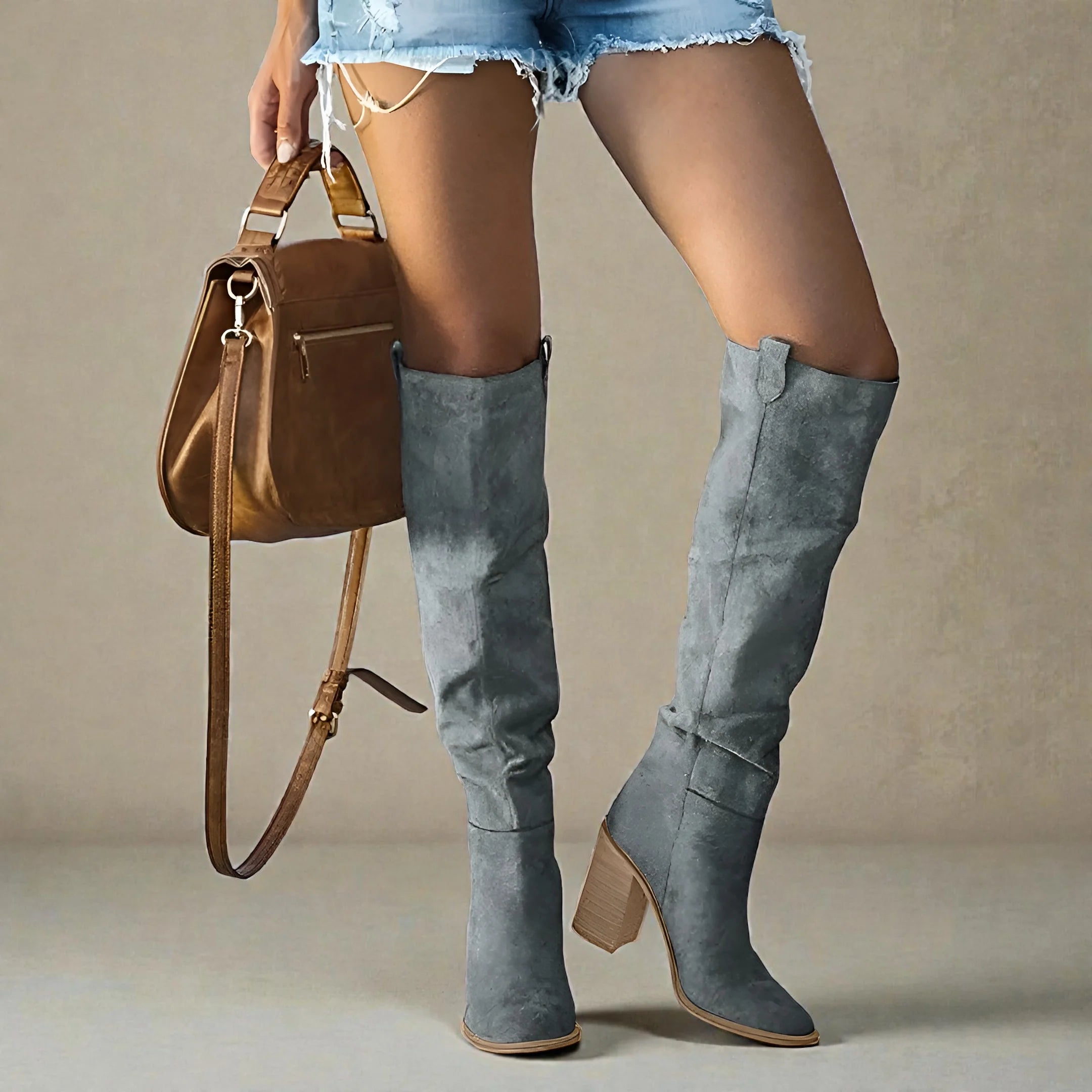 Women's knee high boots in grey with block heel and closed toe, styled with denim shorts and handbag.
