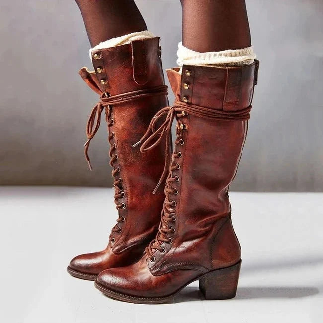 Women's lace-up knee-high boots in reddish brown with block heel and fleece trim detail
