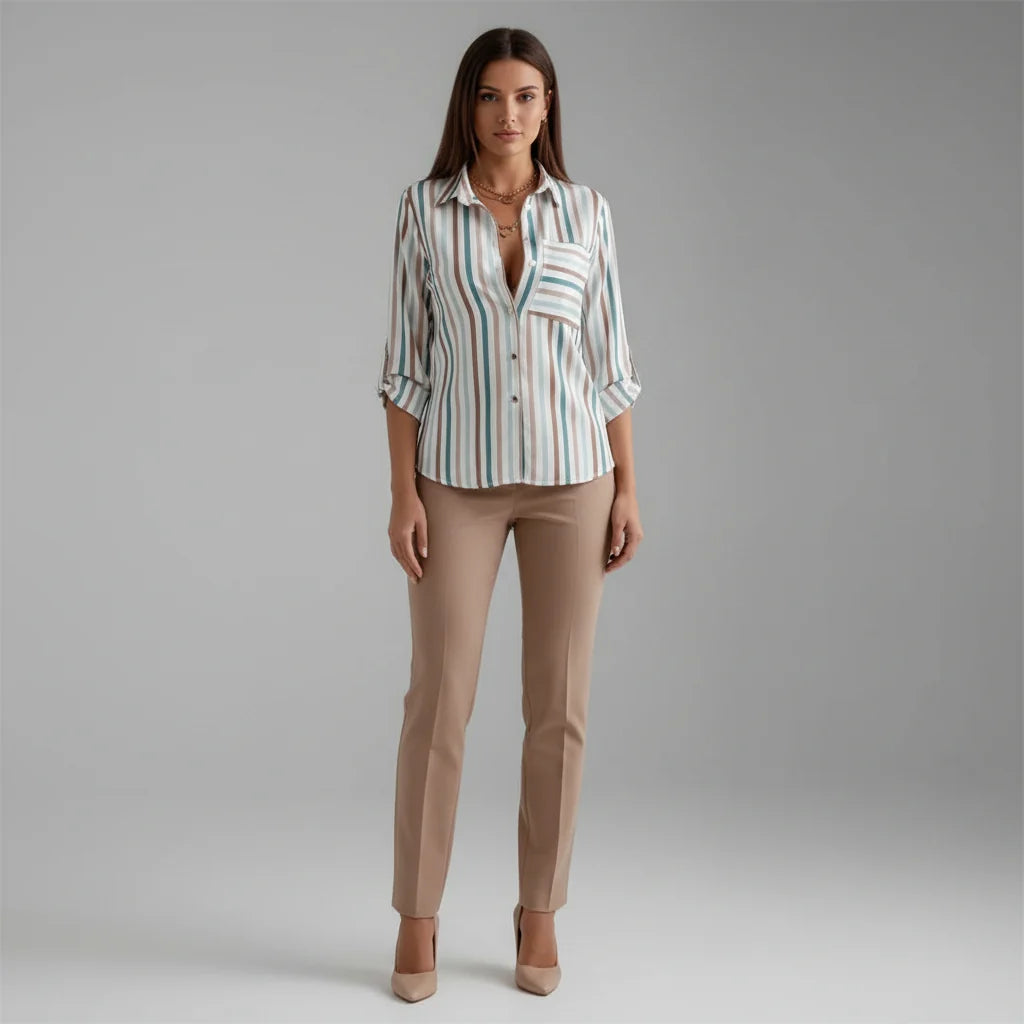 Front view of women's graphic print blouse with button-through front and collar