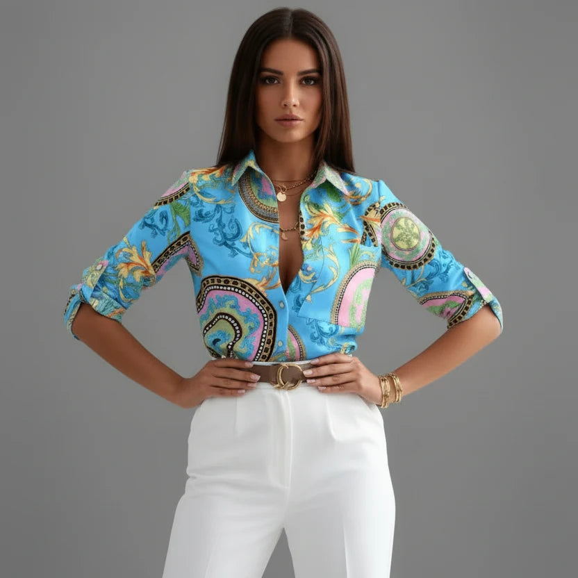 Side view of graphic print blouse with classic collar and comfortable drape