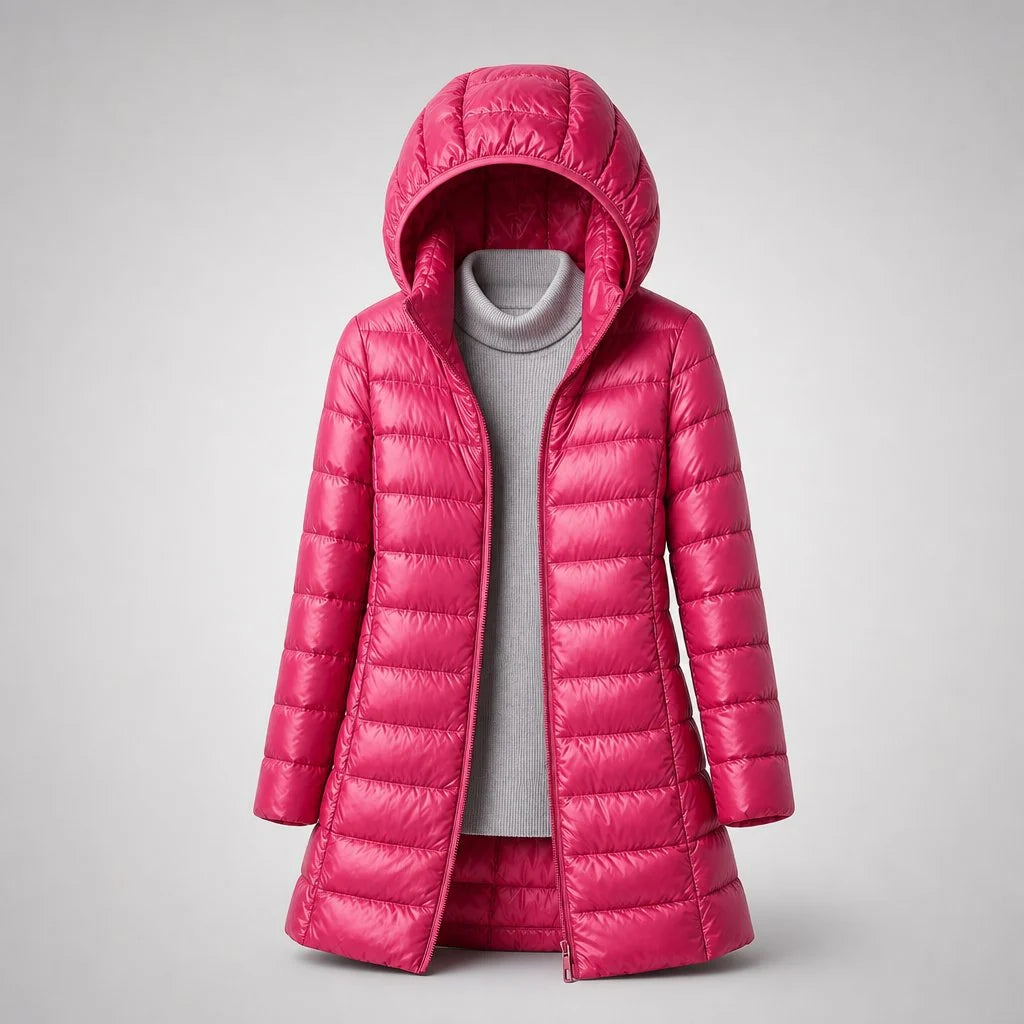 Women's quilted puffer coat in black displaying full-length silhouette and stand-up collar