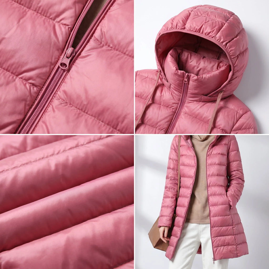 Multiple women's quilted puffer coats arranged showing colour range and longline design