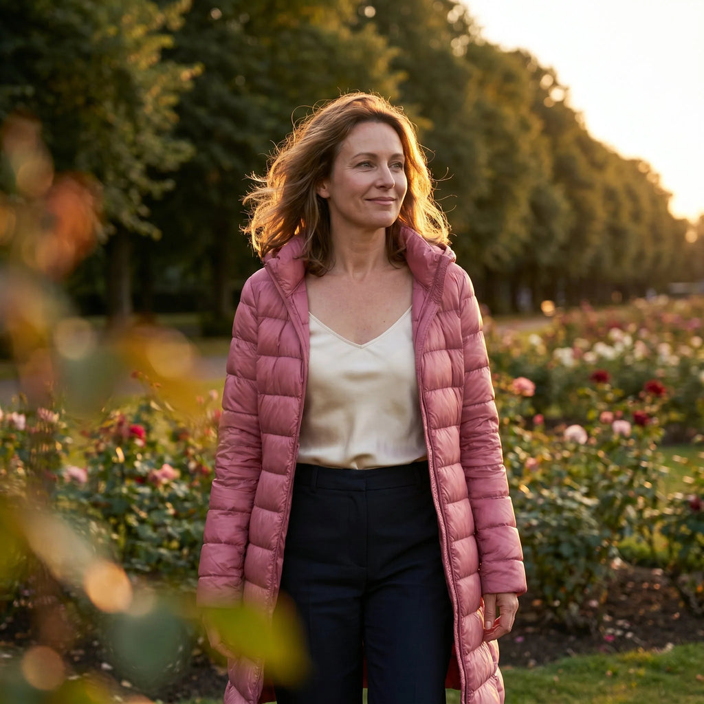 Detail shot of women's quilted puffer coat collar and hood construction with stand-up neckline