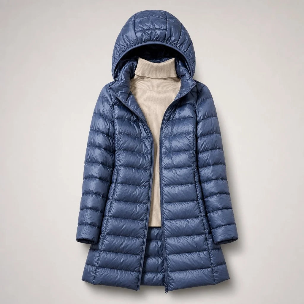 Women's quilted puffer coat in khaki taupe colour displaying channel quilting and relaxed fit