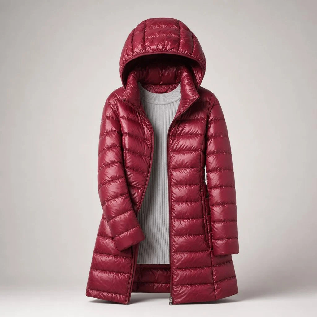Women's hooded puffer coat in red showing longline cut and horizontal quilting pattern