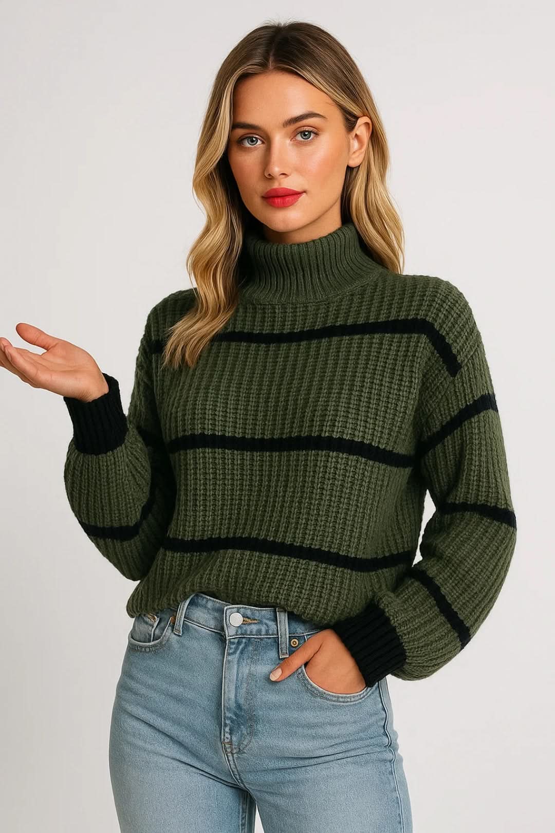 Side angle of women's relaxed fit striped jumper paired with denim jeans