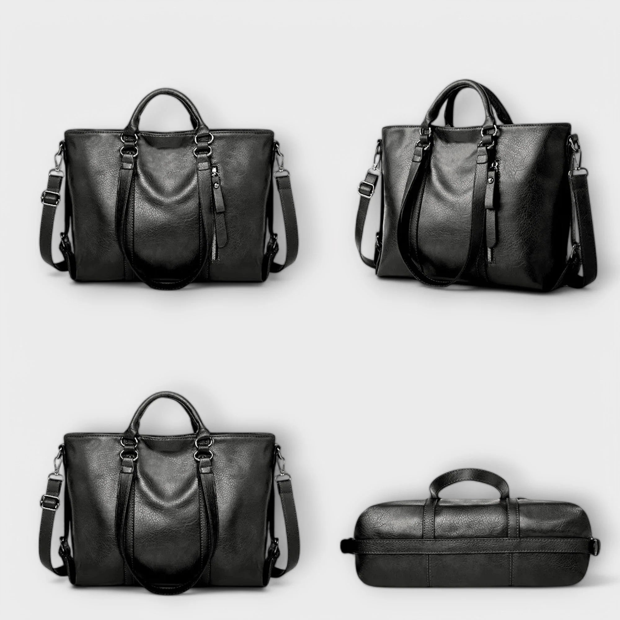 Women's tote bag showing detachable shoulder strap and dual carrying options