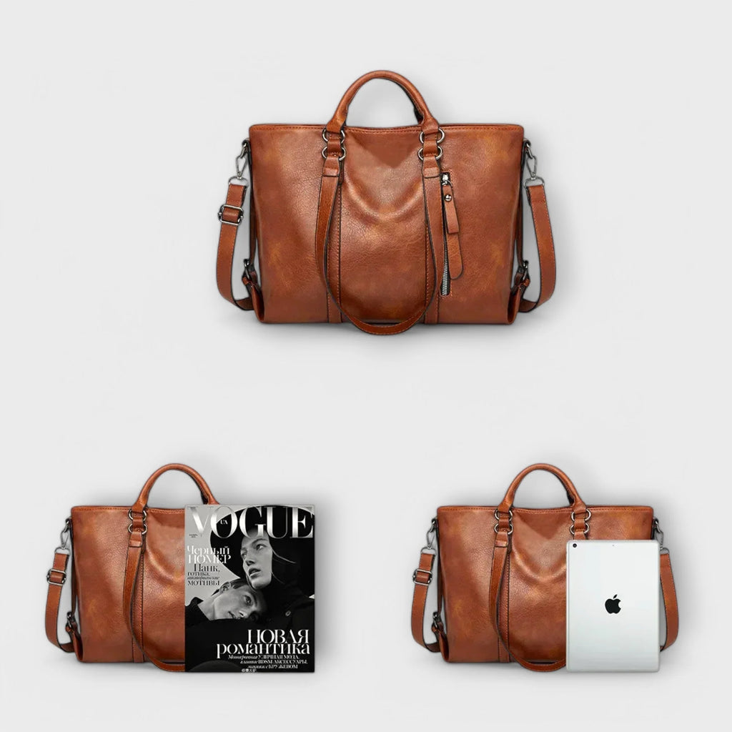Interior view of spacious handbag with organised compartments for daily essentials