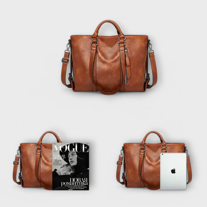 Interior view of spacious handbag with organised compartments for daily essentials