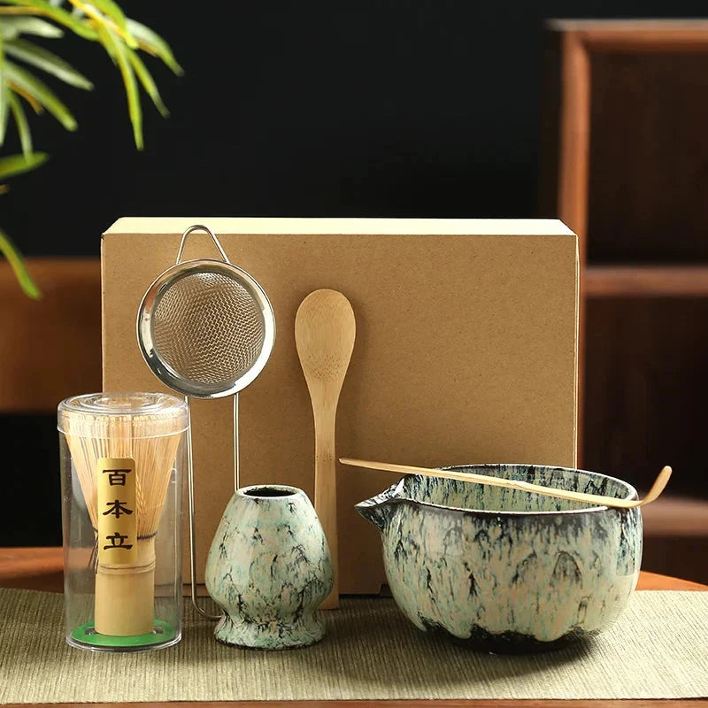 Matcha tea set components including dosing spoon, stirrer, and fine mesh sieve