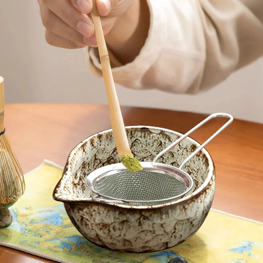 Complete six-piece matcha tea set arranged with storage box on display