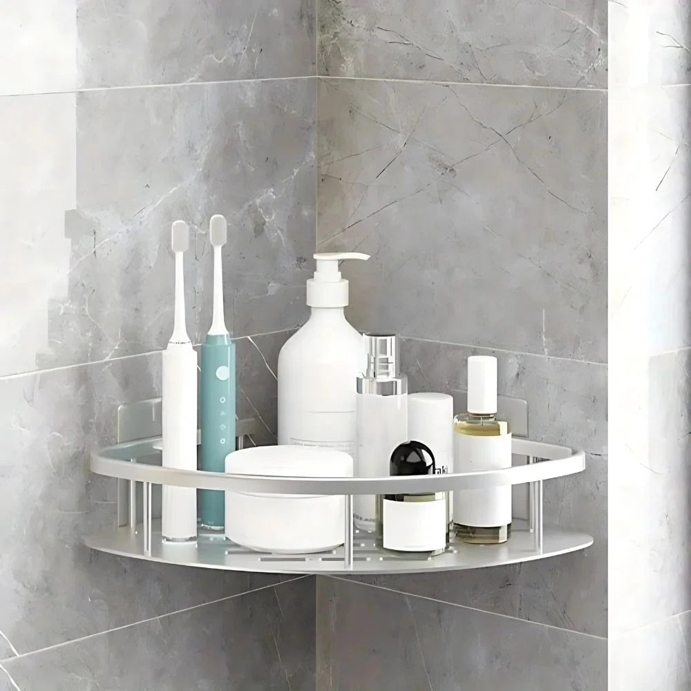 Close-up view of men's rustproof bathroom corner shelf with open slat design and matte black finish