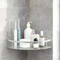 Close-up view of men's rustproof bathroom corner shelf with open slat design and matte black finish