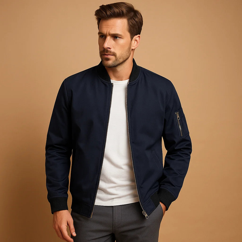 Side view of men's bomber jacket featuring utility sleeve pocket and elasticated cuffs
