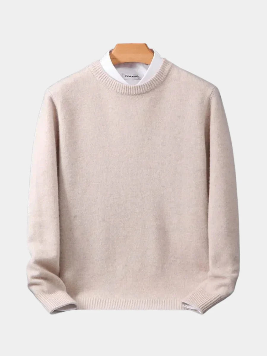 Men's crew neck jumper in beige with ribbed neckline and cuffs displayed on hanger