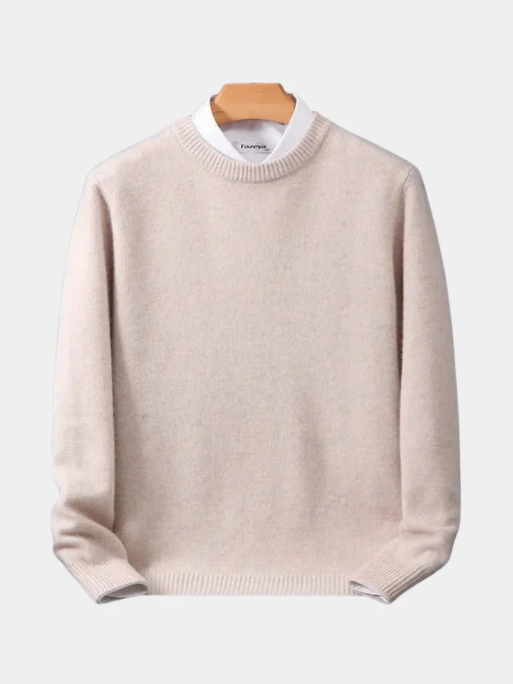 Men's crew neck jumper in beige with ribbed neckline and cuffs displayed on hanger