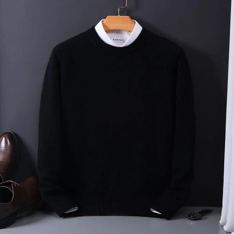 Men's crew neck jumper displayed flat showing long sleeves and knit construction