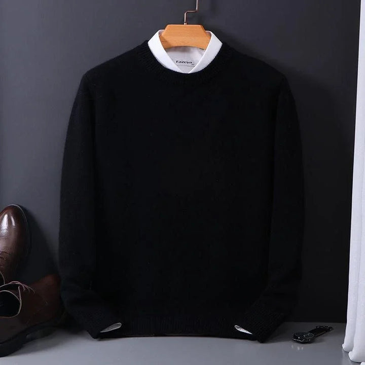 Men's crew neck jumper displayed flat showing long sleeves and knit construction