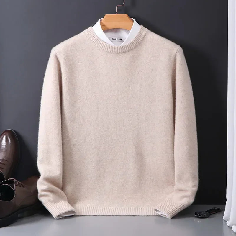 Close-up view of men's knit jumper showing crew neck and relaxed fit silhouette