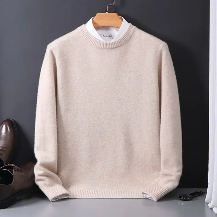 Close-up view of men's knit jumper showing crew neck and relaxed fit silhouette