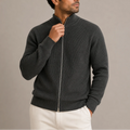 Men's ribbed zip-up cardigan in charcoal grey with stand collar and textured knit design