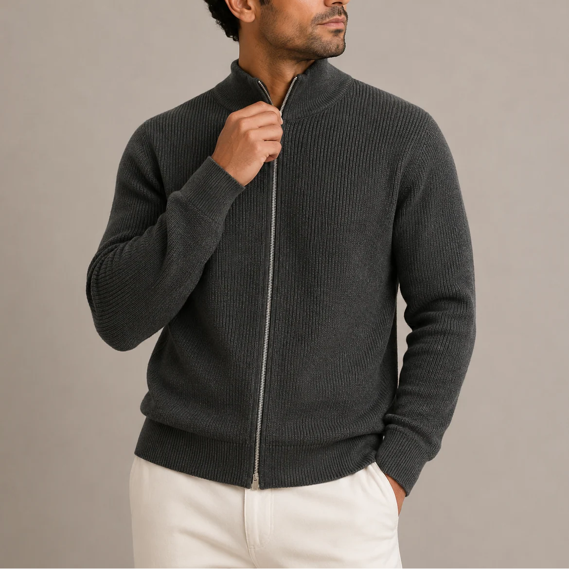 Men's ribbed zip-up cardigan in charcoal grey with stand collar and textured knit design