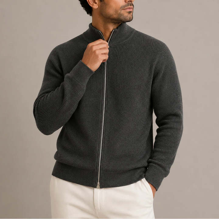 Men's ribbed zip-up cardigan in charcoal grey with stand collar and textured knit design