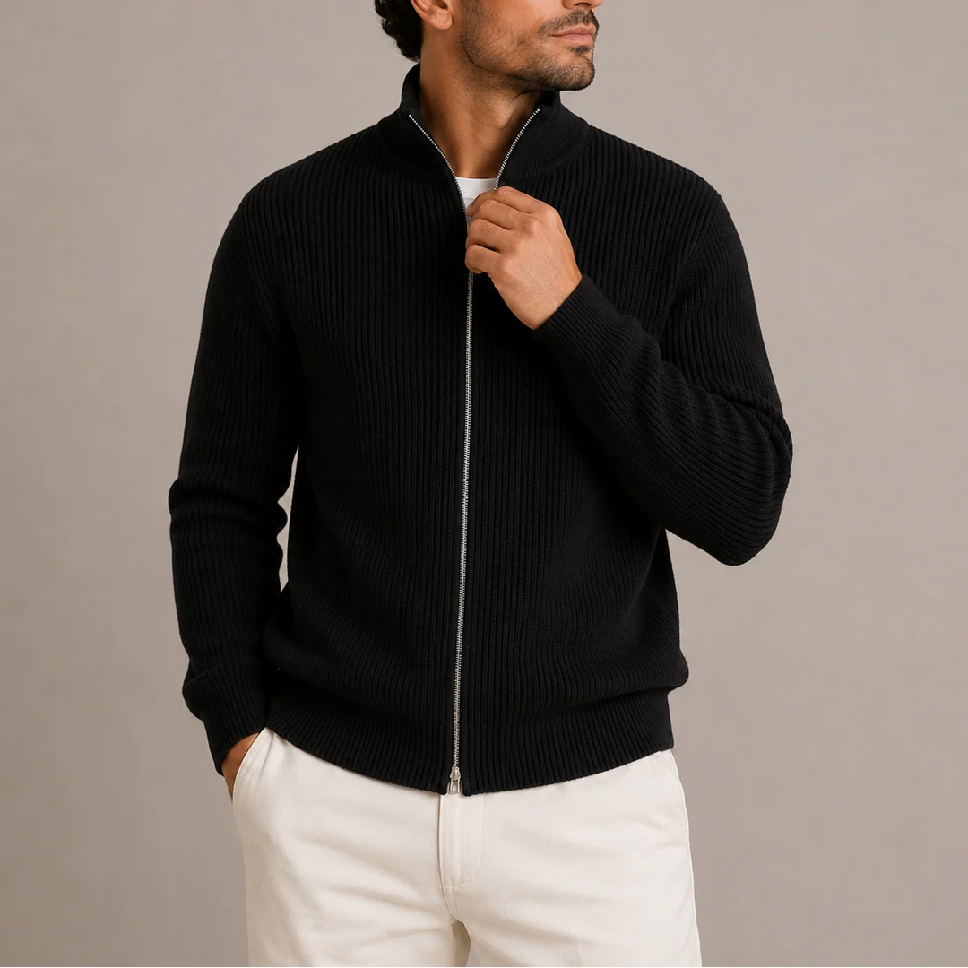 Side profile of men's ribbed zip-up cardigan displaying regular fit and ribbed texture
